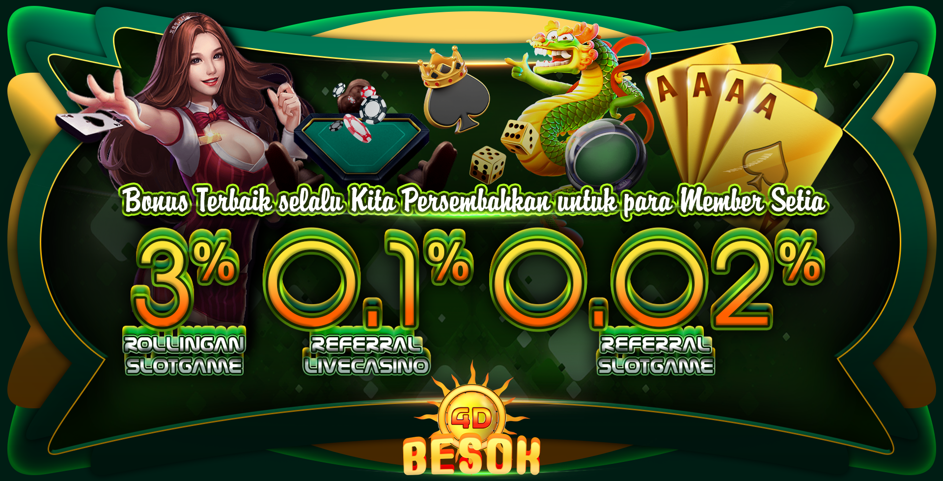 BONUS ROLLINGAN SLOT GAME 3% , REFERRAL LIVE CASINO 0,1% , REFERRAL SLOT GAME 0.02%